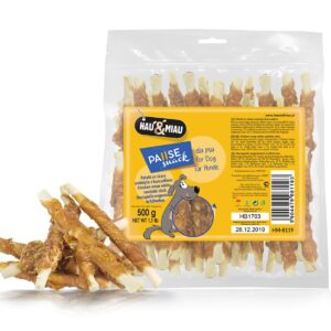 Pausesnack przysmak dla psa, patyki ze skóry owinięte kurczakiem 500g